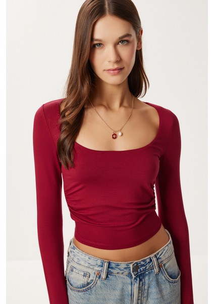 Büzgülü Crop Örme Bluz LUB0267 Bordo