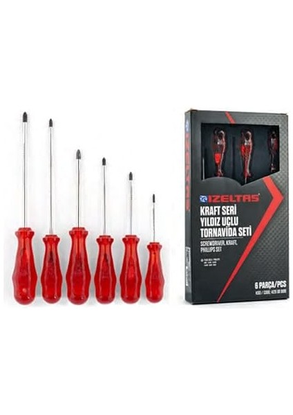 4120008106 Kraft Seri Yıldız Uçlu Tornavidalar, Krom Vanadyum Çelik, 6'lı, Kırmızı fiyatları