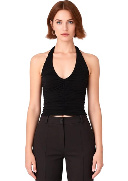 Kadınlar Için V Yaka Halter Boyunlu Detaylı Büzgülü Üst Kaliteli Şık Rahat Modern Zarif Günlük