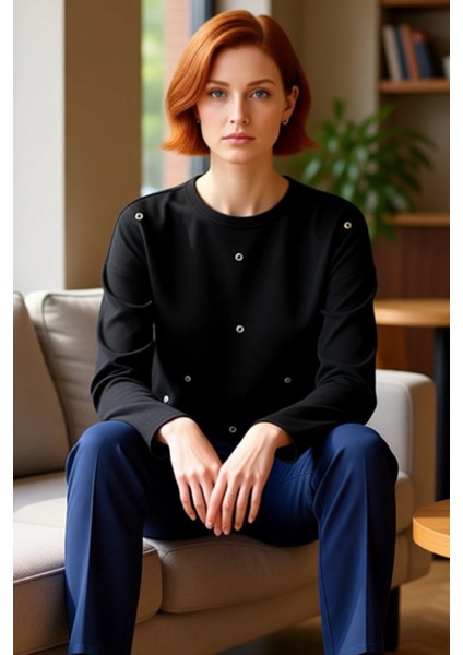 Kadın Interlok Örme Bluz Bisiklet Yaka Düşük Kol Uzun Kollu Kuşgözü Detaylı Kaliteli Şık Rahat