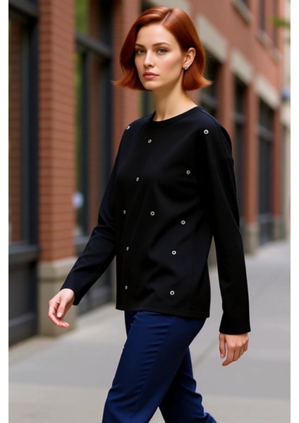 Kadın Interlok Örme Bluz Bisiklet Yaka Düşük Kol Uzun Kollu Kuşgözü Detaylı Kaliteli Şık Rahat fırsatları