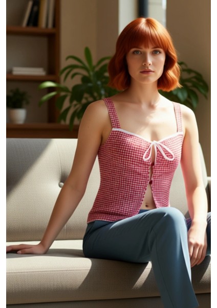 Yazlık Kolsuz Fitted Bluz Nefes Alan Jakar Örme Kumaş Kare Desen Yüksek Kalite