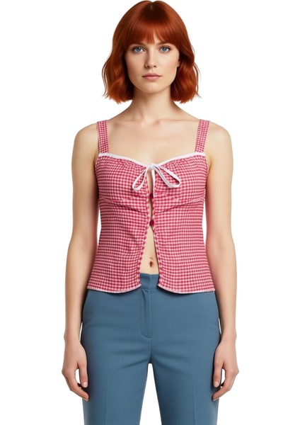 Yazlık Kolsuz Fitted Bluz Nefes Alan Jakar Örme Kumaş Kare Desen Yüksek Kalite fiyatları