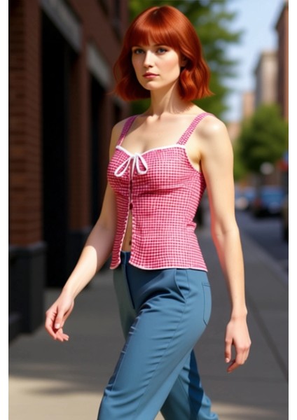 Yazlık Kolsuz Fitted Bluz Nefes Alan Jakar Örme Kumaş Kare Desen Yüksek Kalite fırsatları