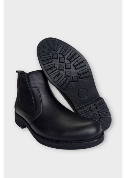 Hakiki Deri Yanı Lastikli Kaydırmaz Kauçuk Taban Erkek Bot Siyah - Siyah