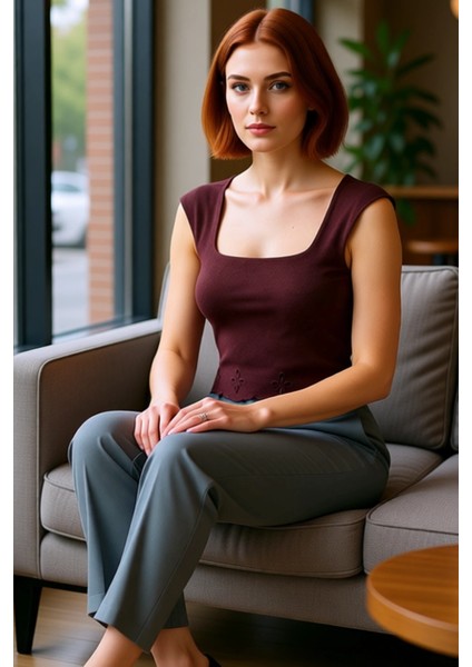 Kadın Triko Üst Kare Yaka Kolsuz Etek Ucu Detaylı Fitted Kesim Günlük ve Şık Seçenek Kaliteli