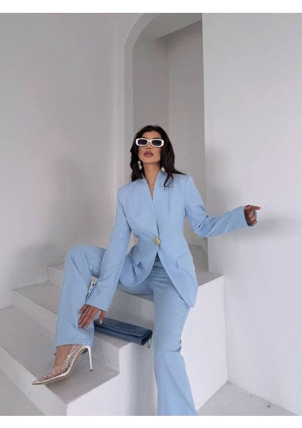 Kadın Gold Kurabiye Düğmeli Blazer Ceket Palazzo Pantolon Takım Elbise indirimleri