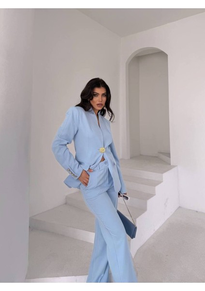 Kadın Gold Kurabiye Düğmeli Blazer Ceket Palazzo Pantolon Takım Elbise