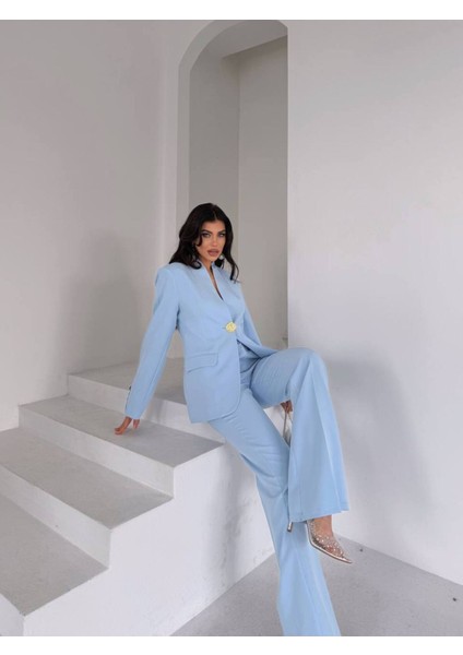 Kadın Gold Kurabiye Düğmeli Blazer Ceket Palazzo Pantolon Takım Elbise