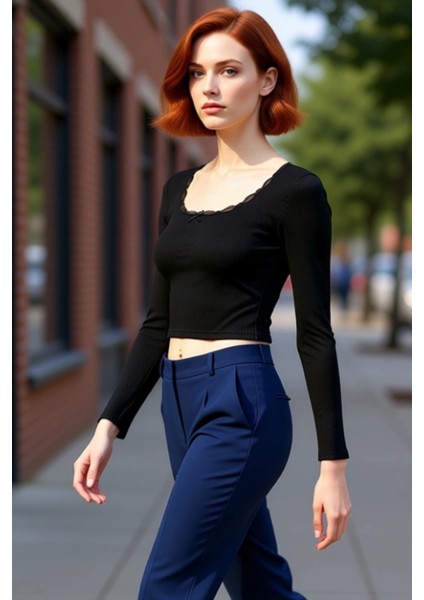 Kadın Kare Yaka Dantelli Crop Uzun Kollu Örme Bluz Kaliteli Şık Rahat Modern Zarif Günlük fırsatları