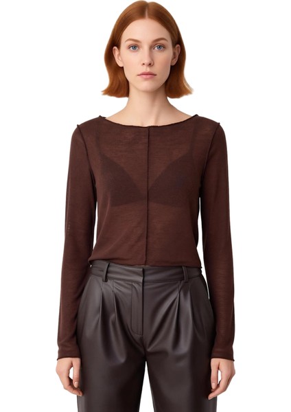 Kadın Regular Kalıp Uzun Kollu Crop Triko Bluz Nervürlü Kayık Yaka Kaliteli Şık Rahat Modern fiyatları