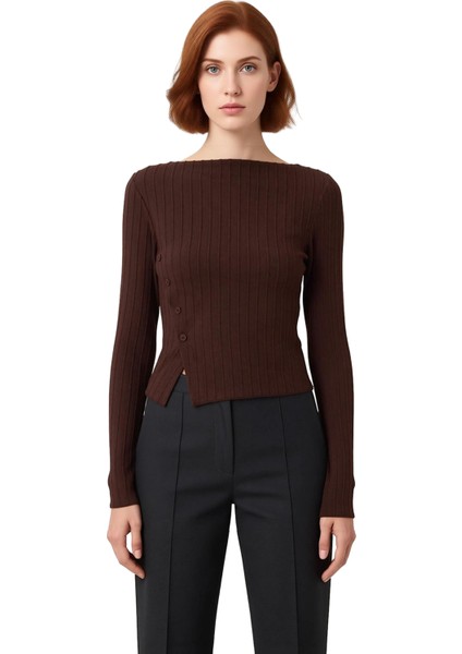 Kadın Düğme Detaylı Kayık Yaka Uzun Kollu Örme Üst Kaliteli Şık Rahat Modern Zarif Günlük