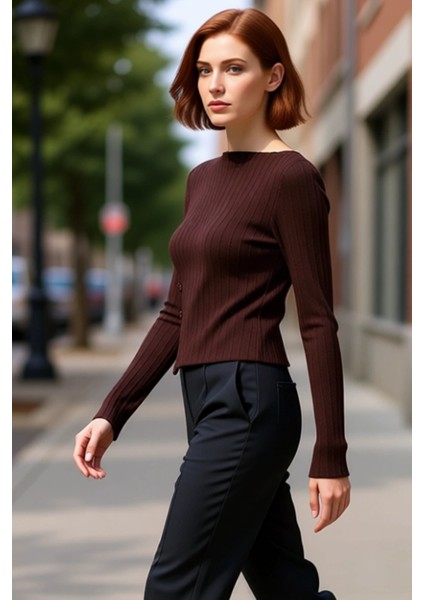 Kadın Düğme Detaylı Kayık Yaka Uzun Kollu Örme Üst Kaliteli Şık Rahat Modern Zarif Günlük modelleri