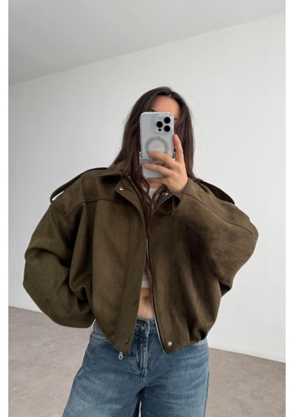 Oversıze Kadın Süet Ceket Trend Bomber Süet Ceket