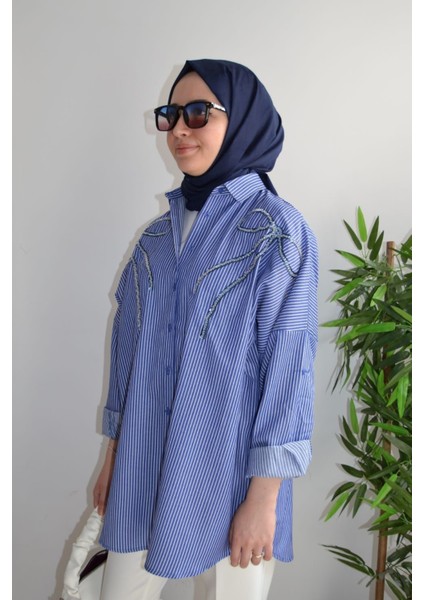 Oversize Önü Kurdele Işleme Nakışlı Tesettür Gömlek Tunik