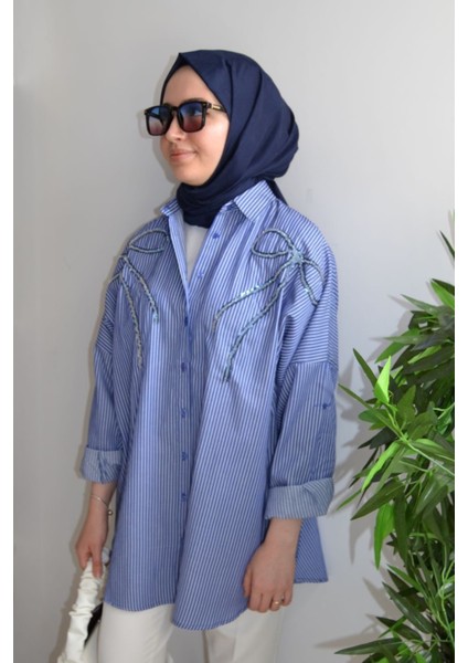 Oversize Önü Kurdele Işleme Nakışlı Tesettür Gömlek Tunik fiyatları