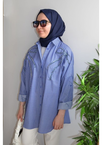 Oversize Önü Kurdele Işleme Nakışlı Tesettür Gömlek Tunik modelleri