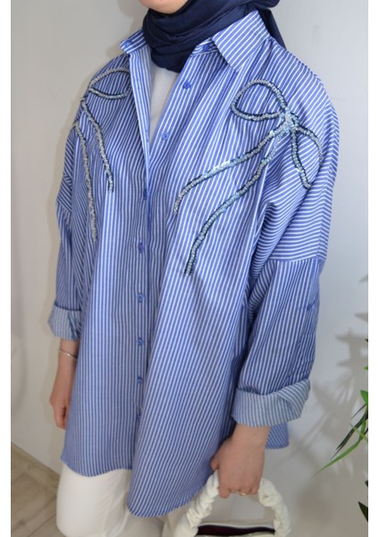 Oversize Önü Kurdele Işleme Nakışlı Tesettür Gömlek Tunik fırsatları