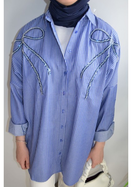 Oversize Önü Kurdele Işleme Nakışlı Tesettür Gömlek Tunik indirimleri