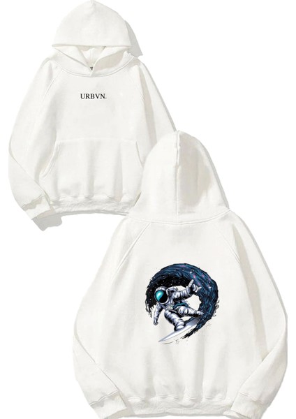 Astronot Surf Tasarım Baskılı Oversize Beyaz Kapüşonlu Sweatshirt