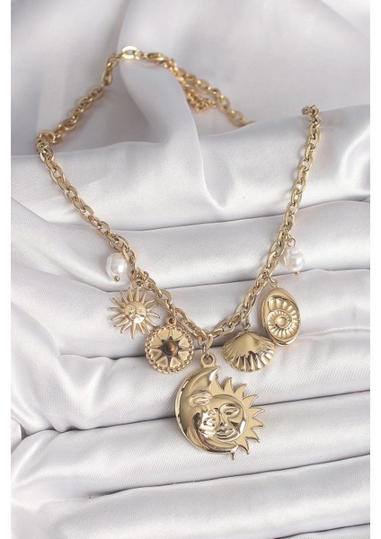 Bfs 316L Çelik Gold Renk Ay Güneş Figür Deniz Kabuğu Detay Kadın Kolye fiyatları