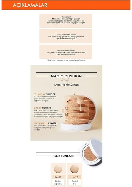 Yarı Mat Görünüm Sunan Cushion Fondöten (Iç Yedek) Magic Cushion Cover Lasting SPF50+/PA+++ (No.23) modelleri