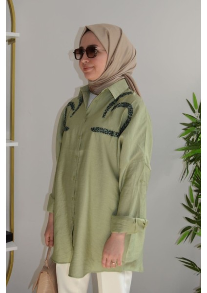 Oversize Önü Nakış Payet Işleme Tesettür Gömlek Tunik