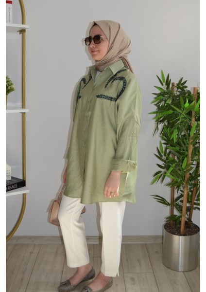 Oversize Önü Nakış Payet Işleme Tesettür Gömlek Tunik fiyatları