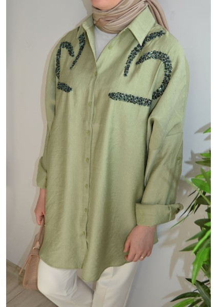 Oversize Önü Nakış Payet Işleme Tesettür Gömlek Tunik modelleri