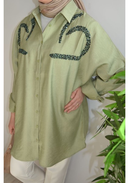 Oversize Önü Nakış Payet Işleme Tesettür Gömlek Tunik fırsatları