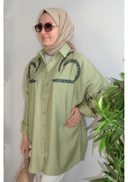 Oversize Önü Nakış Payet Işleme Tesettür Gömlek Tunik indirimleri