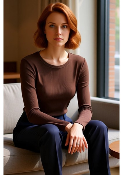 Kadın Bisiklet Yaka Uzun Kollu Düz Örme Esnek Üst Kaliteli Şık Rahat Modern Zarif Günlük