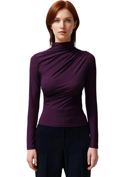 Kadın Moda Şık Üst Giyim Crop Dik Yaka Slim Kalıp Örme Büzgülü Kare Yaka Vücuda Oturan Esnek Bluz fiyatları