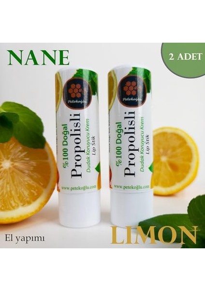 Petekoğlu 2 Adet Dudak Kremi Propolis Bal Nane Limon Aynısefa Shea Hindistan Cevizi Üzüm Çekirdeği Yağları Balmumu Lipstick Balm Doğal modelleri