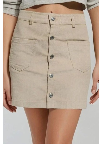 Kadın Düğmeli Yüksek Bel Mini Etek Natural