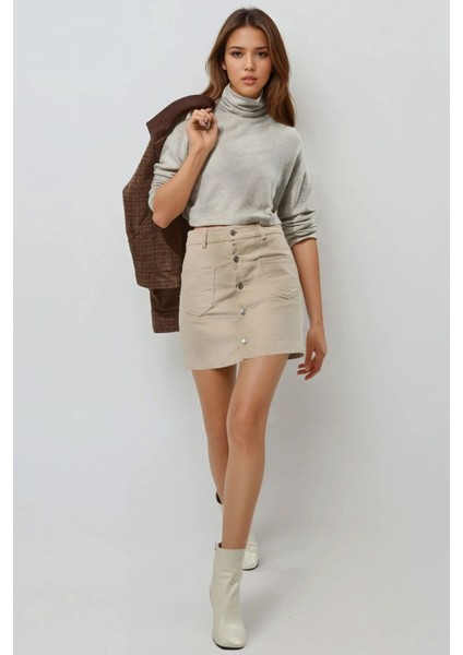 Kadın Düğmeli Yüksek Bel Mini Etek Natural fiyatları
