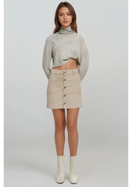 Kadın Düğmeli Yüksek Bel Mini Etek Natural