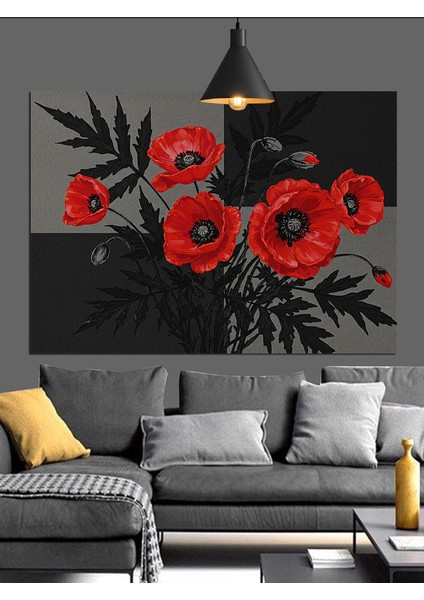 Kırmızı Siyah Gelincik Çiçekleri Dekoratif Kanvas - Mdf Ahşap Tablo