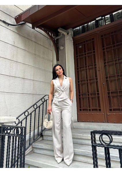 Kadın Asimetrik Kesim Yelek Palazzo Pantolon Takım Elbise modelleri