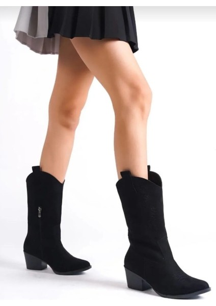 Kovboy Kanvas Western Tarz Sivri Bayan Bot