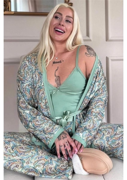 Yeşil Sarı Paisley Exclusive Örme Sabahlıklı Kadın Pijama Takım