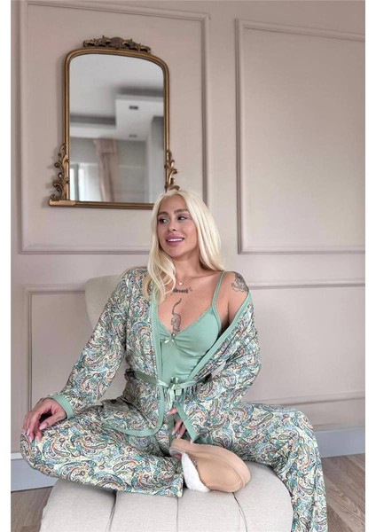 Yeşil Sarı Paisley Exclusive Örme Sabahlıklı Kadın Pijama Takım fiyatları