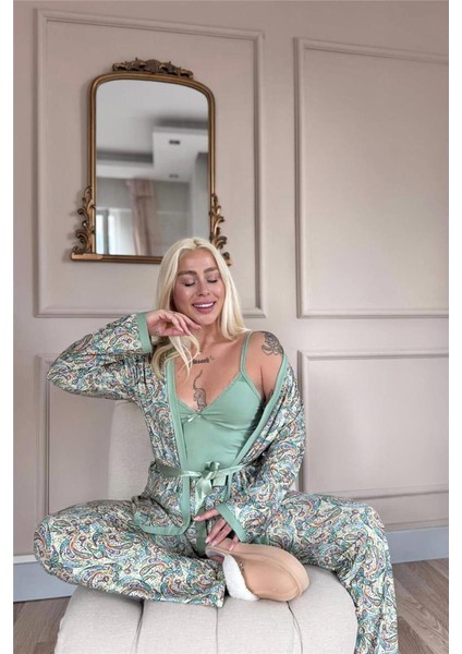 Yeşil Sarı Paisley Exclusive Örme Sabahlıklı Kadın Pijama Takım modelleri