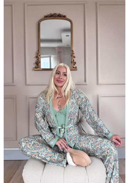Yeşil Sarı Paisley Exclusive Örme Sabahlıklı Kadın Pijama Takım fırsatları