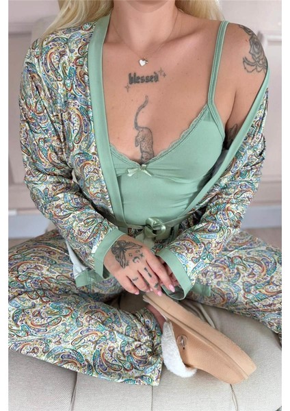 Yeşil Sarı Paisley Exclusive Örme Sabahlıklı Kadın Pijama Takım indirimleri