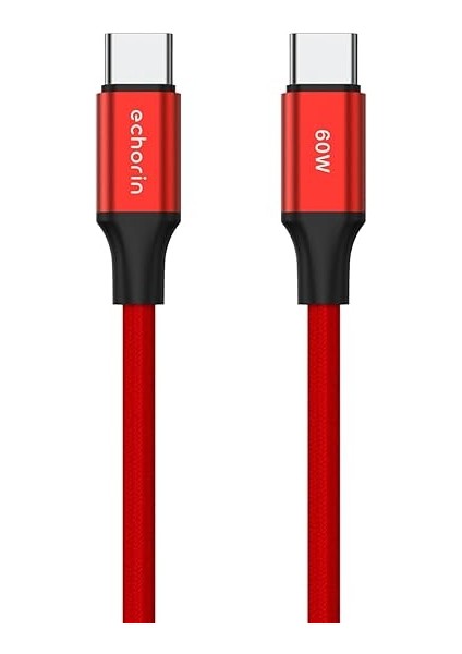 USB C'den USB C'ye 60W, 2.4A, 1m, Pd 2.0, Çift Kat Örgülü Hızlı Şarj ve Data Kablosu (Kırmızı, 1 Metre)