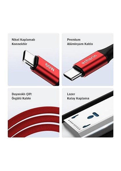 USB C'den USB C'ye 60W, 2.4A, 1m, Pd 2.0, Çift Kat Örgülü Hızlı Şarj ve Data Kablosu (Kırmızı, 1 Metre) fırsatları