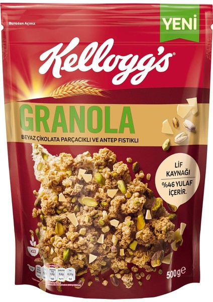Kellogg&apos;s Granola Beyaz Çikolata Parçacıklı ve Antep Fıstıklı 500 Gr, Lif Kaynağı, Kahvaltılık Gevrek