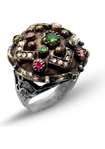 Otantik Yakut Zümrüt Taşlı Gümüş Kadın Yüzük