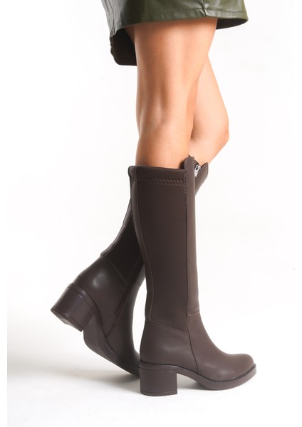 Acı Kahve Deri Görünümlü Arkası Streç Esnek Kalın Orta Yüksek Topuklu Fermuarlı Uzun Çizme fırsatları